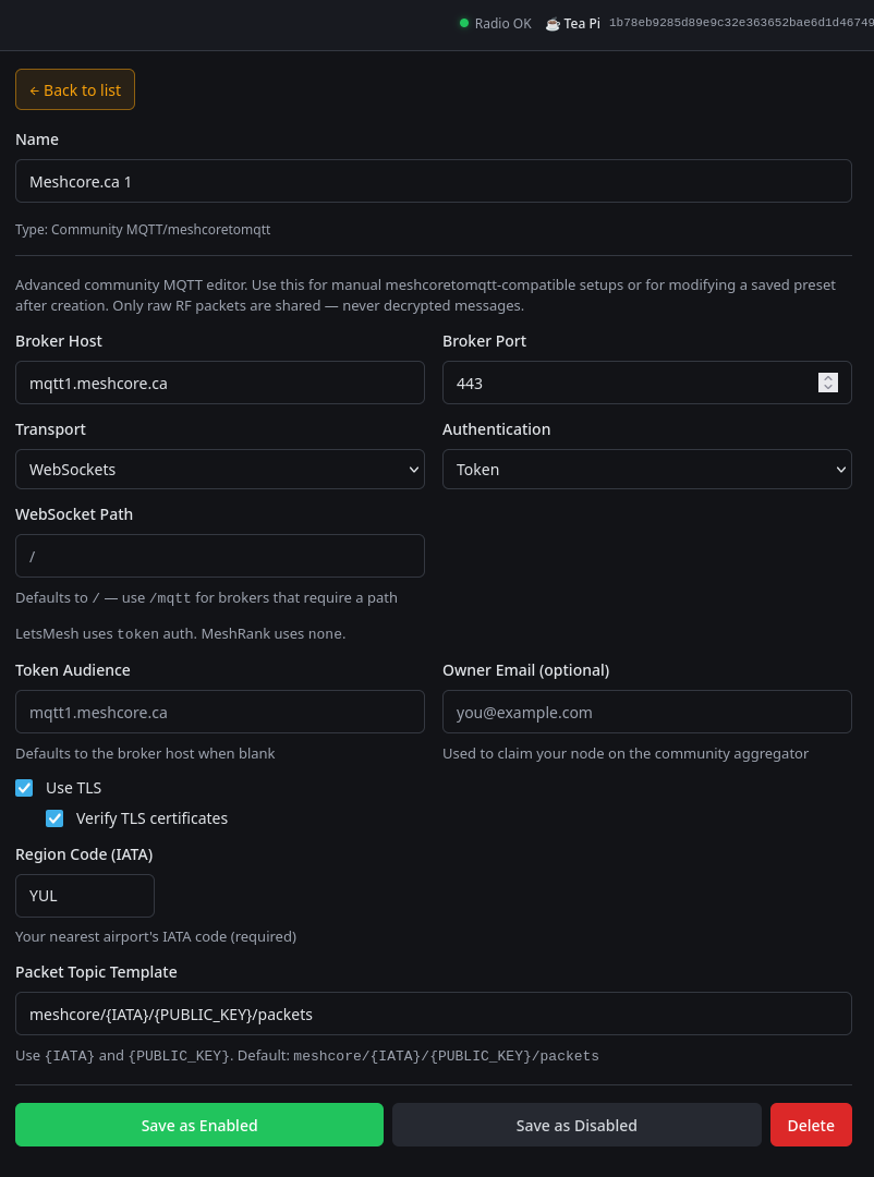 RemoteTerm Community MQTT settings for MeshCore.ca