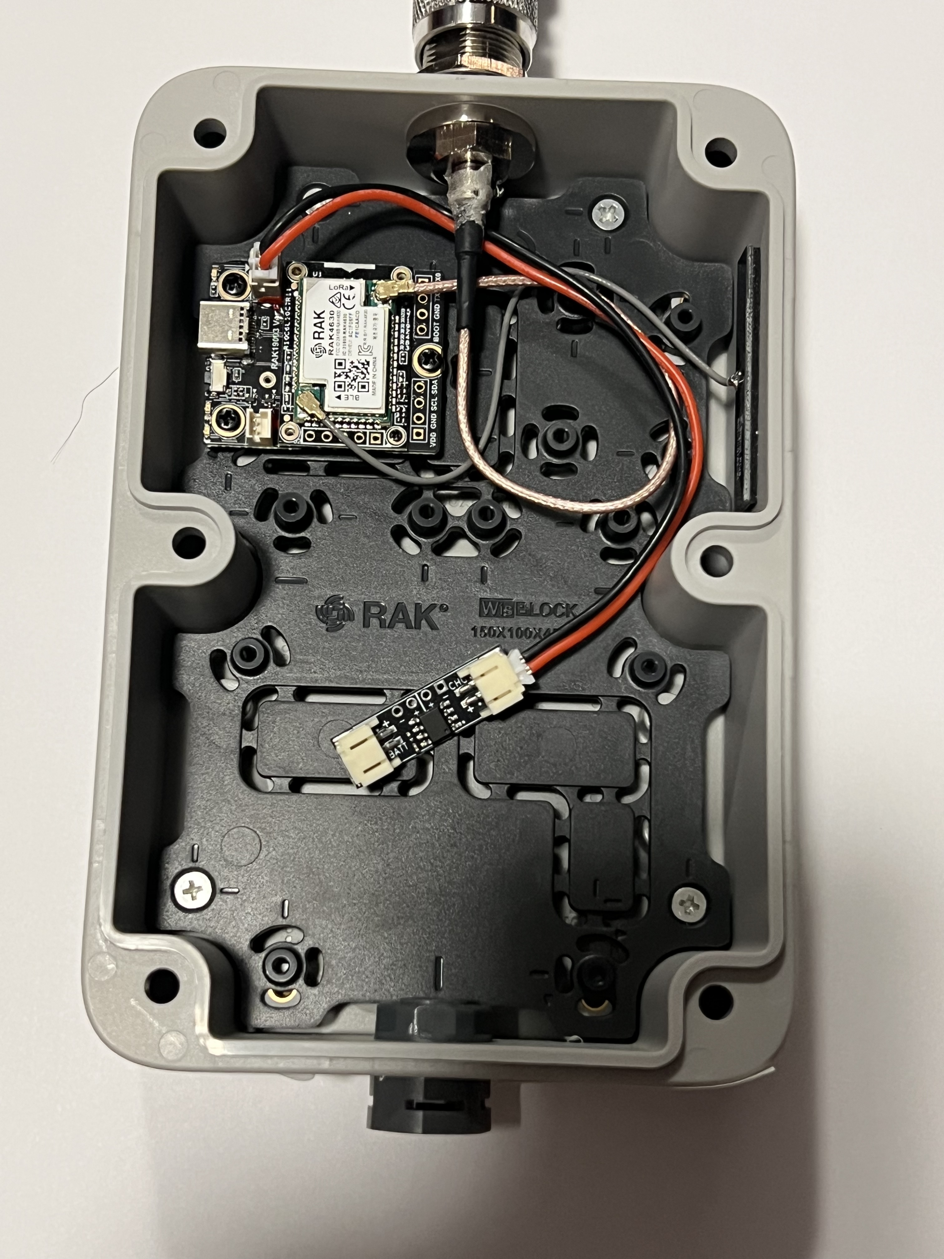 Carte RAK et câbles d’antenne ajustés à sec sur la plaque arrière du boîtier